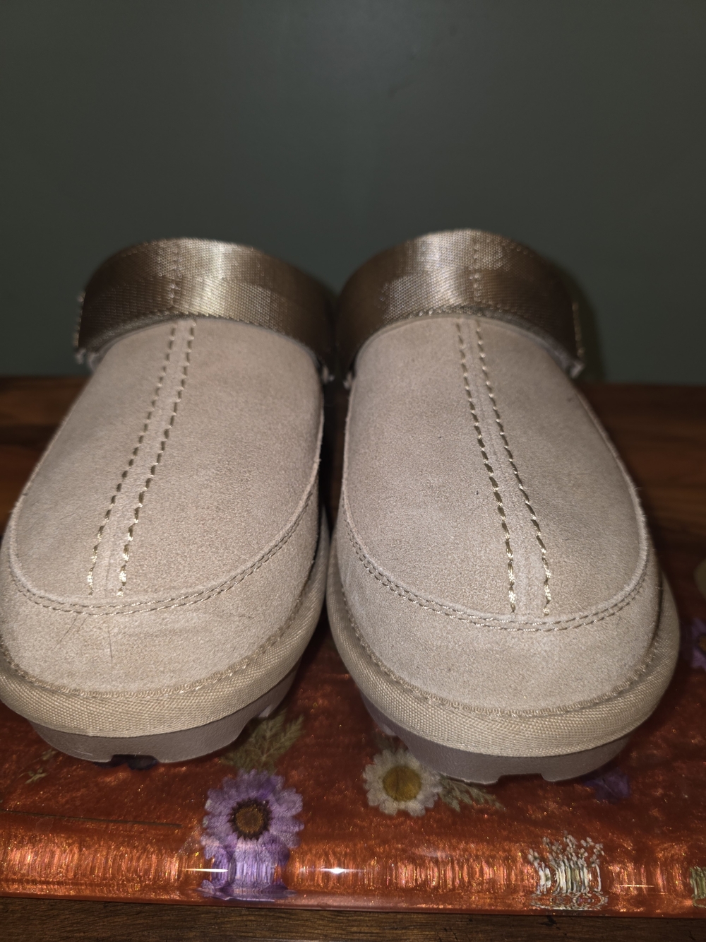 Koolaburra Tan Suede Mules with Metallic Gold Strap - Picture 3 of 10